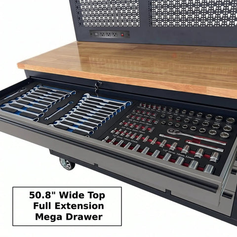 Heavy Duty Rolling Tool Chest Featuring 14 Lockable Drawers And Three Secure Cabinets Built For Serious Garage Organization And No Nonsense Shop Stash, showing a full extension mega drawer with tools organized.