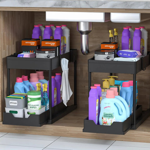 Heavy Duty Black Under Sink Organizer 2 Pack with smooth glide sliding drawers storing cleaning supplies under bathroom sink.