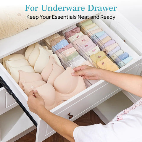 12 Pack Clear Drawer Dividers For Clothes 4 Inch Tall Expandable Dresser Organizers With Silicone Buffer Strips in underwear drawer.