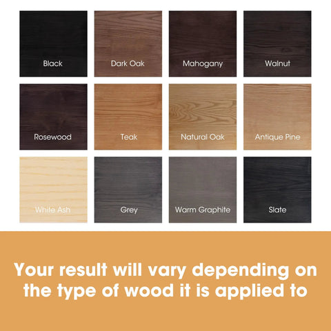 Color palette of wood stains including Walnut, showcasing Superior Water Based Walnut Wood Stain Ultra Fast Drying Low Odor Plus Non Toxic Formula.