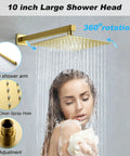 Brushed Gold Shower System With 10 Inch Rain Head High Pressure Faucet Set showing water flow and brass adjustments.