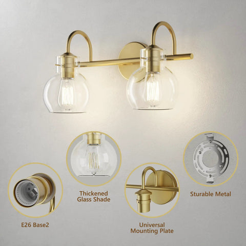 Two-Light Gold Bathroom Vanity Light Fixture With Clear Globe Shades, Modern Brushed Gold Wall Sconce For Over Mirror, E26 Base Vanity Lighting, Dope Home Bath Decor shown with clear globe shades and detailed components.