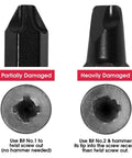Comparison of screw tips, one partially damaged and one heavily damaged, showing usage for 2 Piece Stripped Screw Extractor Kit With 6.25 Inch Screw Removal Pliers And Recessed Screw Extractor For Removing Rusted Damaged Broken Or Sunken Screws No Drilling Or Power Needed Ideal For DIYers And Pros.