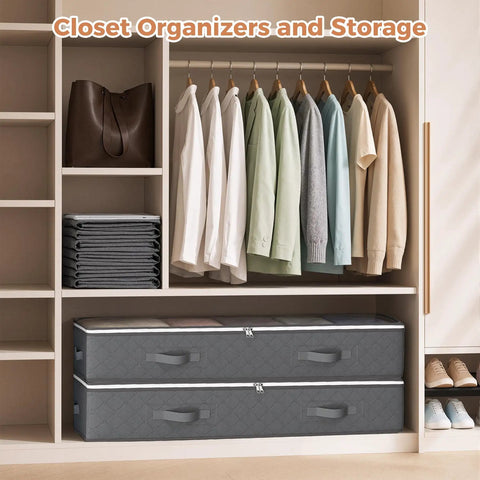 Heavy Duty Foldable Under Bed Storage Bins, 95 Liter Capacity Set Of Four, Breathable Non Woven Fabric Closet Organizers To Keep Your Space Tight And Clutter Free, Grey