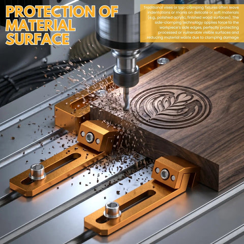 CNC Workpiece Positioning Rig For T Slot And Perforated Tables Side Clamp Woodworking Rig For CNC Machining And DIY. Protective material surface.