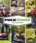 Collage of lawn care equipment including mowers, chainsaw, and trimmers with MaxPower brand logo in center.
