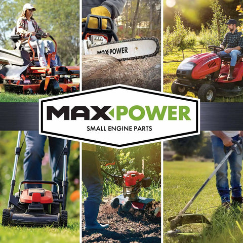 Collage of lawn care equipment including mowers, chainsaw, and trimmers with MaxPower brand logo in center.