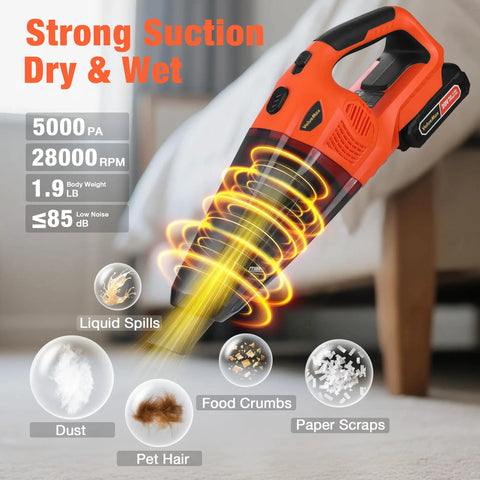 Grab And Go Cordless Handheld Vacuum With 20V Rechargeable Battery And Wet Dry Suction, showing strong suction for liquid spills and debris.