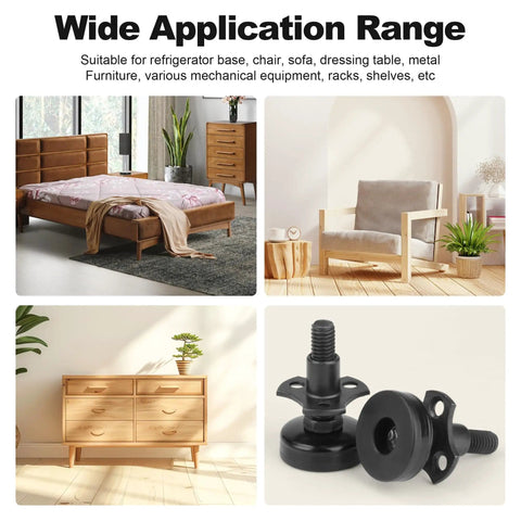 Four Pack Heavy Duty Furniture Levelers With Adjustable Feet For Uneven Floors From 0.75 To 1.75 Inches, Supports Up To 1320 Lbs, Large Base Black Kit With Three Eighths Sixteen Thread T Nut For Stabilizing Wobbling Sofas Tables Cabinets And Chairs