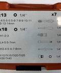 Image showing specifications of 38-Piece Do-It-All Tool Box Set With Hex Sockets And Allen Keys In Bright Orange One Quarter Inch Drive.