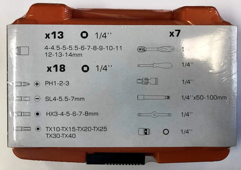 Image showing specifications of 38-Piece Do-It-All Tool Box Set With Hex Sockets And Allen Keys In Bright Orange One Quarter Inch Drive.