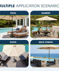 Heavy Duty 90 Lb HDPE Round Patio Umbrella Base for 1.5 to 1.9 Inch Poles Adjustable Fill Weighted Umbrella Stand for Garden Lawn Deck Backyard and Pool Black in various outdoor settings like garden, pool, patio, and deck.