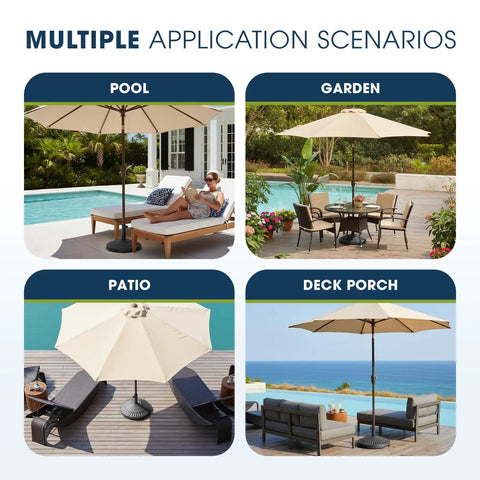 Heavy Duty 90 Lb HDPE Round Patio Umbrella Base for 1.5 to 1.9 Inch Poles Adjustable Fill Weighted Umbrella Stand for Garden Lawn Deck Backyard and Pool Black in various outdoor settings like garden, pool, patio, and deck.
