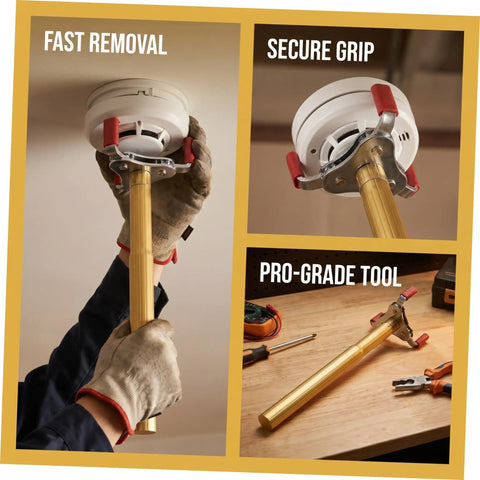 No Sweat Premium Smoke Sensor Removal Tool With Heavy Duty Claw Head Aluminum Body Ladder Free Ceiling Detector Puller For Fast Fire Alarm Remover Secure Grip in use on ceiling detector.