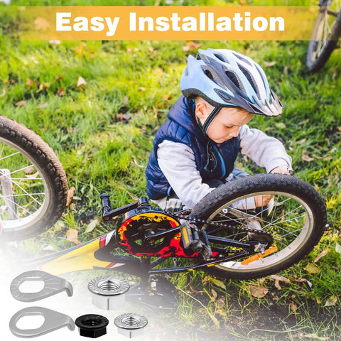 Child installing All In One Bike Axle Nuts And Safety Washers Kit 24 Pack M8, M9.5, M10 Sizes on kids bike wheel.