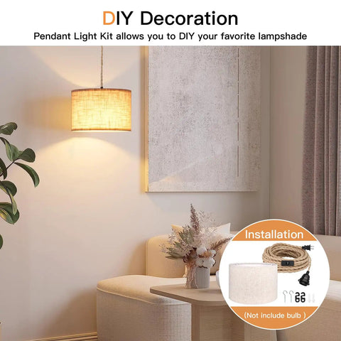 Plug And Play Boho Pendant Light With 16 FT Natural Linen Shade And Integrated On Off Switch Hemp Cord in cozy living space.