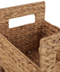 Close-up of woven basket on Gunter 35.5 Inch Coastal Handwoven Water Hyacinth 3 Tier Freestanding Storage Tower with handle detail
