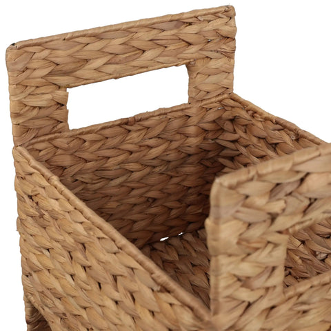 Close-up of woven basket on Gunter 35.5 Inch Coastal Handwoven Water Hyacinth 3 Tier Freestanding Storage Tower with handle detail