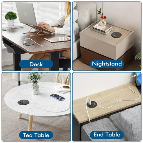 3 Inch Desk Power Grommet With 35W Usb C Fast Charging With 4 Usb Ports And Hdmi installed on various tables like desk, nightstand, tea table, and end table.