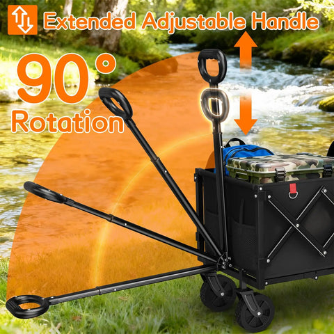 Extra Long 35 Inch Folding Wagon With Wheels, Heavy Duty Collapsible Utility Cart That Hauls 360 Pound Capacity with extended handle