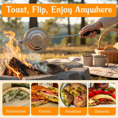 Retro 1945 Style Handheld Cast Aluminum Sandwich Maker And Pie Iron Grill used for campfire cooking with flaming fire.