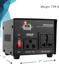 Beefy 500W Step Up Step Down Voltage Converter With USB Charging Port front view showing outlets and dimensions