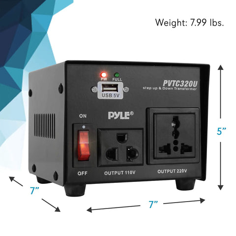 Beefy 500W Step Up Step Down Voltage Converter With USB Charging Port front view showing outlets and dimensions