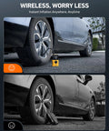 Car tire being inflated with Cordless Tire Inflator With Digital Dual Display 150 PSI Portable Air Pump For Cars Bikes Motorcycles And Balls LED Light Anti Slip Silicone Protection