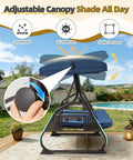 Adjustable canopy feature on three seat outdoor porch swing with backrest, three in one convertible swing bed with cushions