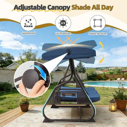 Adjustable canopy feature on three seat outdoor porch swing with backrest, three in one convertible swing bed with cushions