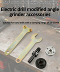 Complete Drill To Angle Grinder Conversion Kit with spanner wrench, mandrel adapter, flange nuts on a workbench