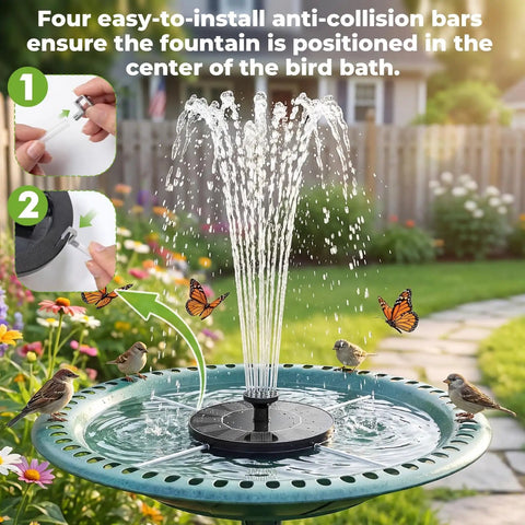Solar Fountain Pump With Six Nozzles, 2026 Upgraded High-Efficiency Solar Panel in bird bath with water spray and birds