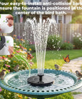 Solar Bird Bath Fountain With Six Nozzles Solar Powered Floating Pond Pump For Garden Pool And Outdoor Decor No Batteries Or Wiring Starts In Seconds In Direct Sunlight And Delivers A Bold Water Spray To Attract Birds installed in a garden bird bath with flying birds and butterflies.
