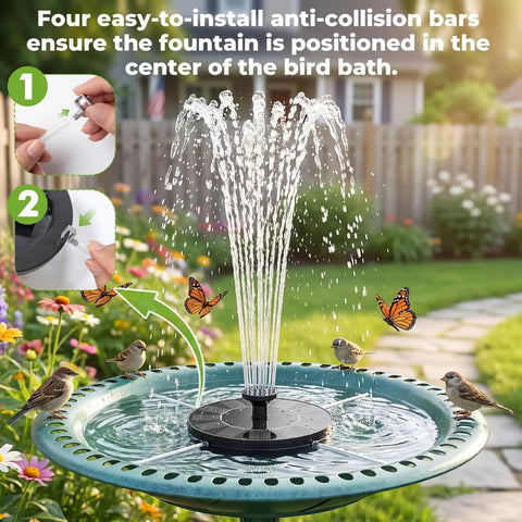 Solar Bird Bath Fountain With Six Nozzles Solar Powered Floating Pond Pump For Garden Pool And Outdoor Decor No Batteries Or Wiring Starts In Seconds In Direct Sunlight And Delivers A Bold Water Spray To Attract Birds installed in a garden bird bath with flying birds and butterflies.