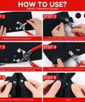 Instructional steps for using All In One Sewing Kit With 100 Piece Metal Button And Snap Set Press Tool Pliers shown in use.