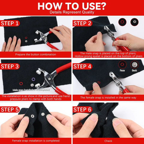Instructional steps for using All In One Sewing Kit With 100 Piece Metal Button And Snap Set Press Tool Pliers shown in use.