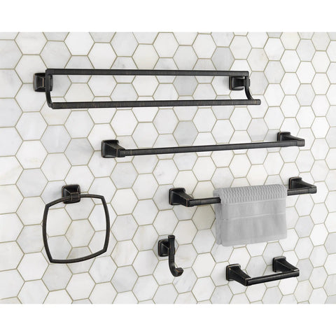 Townsend 24 Inch Double Towel Bar In Brushed Nickel Built From Durable Brass on hexagonal tile wall display, sleek modern look