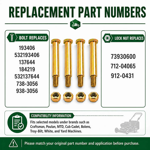 Quick Fix No Sweat Heavy Duty Deck Wheel Shoulder Bolts With Lock Nuts Solid Lawn Mower Repair part numbers and compatibility info