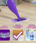 WetJet Multi Purpose Floor Cleaner Solution With Febreze Refill for Hardwood Floors Lavender Scent Safe for All Sealed Floors Quick Drying 1.25 Liter 42.2 Fl Oz Pack of 2 displayed with mop and floor examples