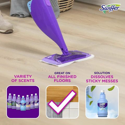 WetJet Multi Purpose Floor Cleaner Solution With Febreze Refill for Hardwood Floors Lavender Scent Safe for All Sealed Floors Quick Drying 1.25 Liter 42.2 Fl Oz Pack of 2 displayed with mop and floor examples