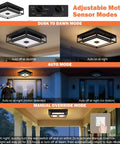 Motion Sensor Outdoor Ceiling Light Black Flush Mount 10.5 Inch Square With Dusk To Dawn Auto Modes shown in various light settings