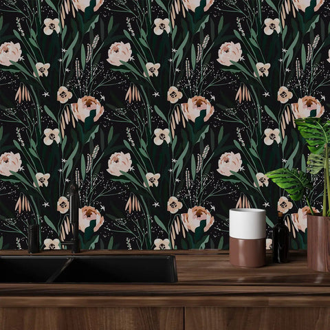 Dope Boho Floral Peel And Stick Wallpaper Black Background With Green Leaves And Pink Flowers in kitchen interior
