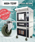 High Temperature Plate Mount Caster With Four Inch Epoxy Resin Wheel And Zinc Plated Steel Yoke Five Sixteenth Inch Precision Bearing Heavy Duty Caster For Ovens Bakers And Heat Intensive Environments Up To Two Hundred Eighty Fahrenheit in front of an industrial oven.