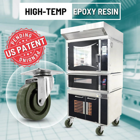 High Temperature Plate Mount Caster With Four Inch Epoxy Resin Wheel And Zinc Plated Steel Yoke Five Sixteenth Inch Precision Bearing Heavy Duty Caster For Ovens Bakers And Heat Intensive Environments Up To Two Hundred Eighty Fahrenheit in front of an industrial oven.