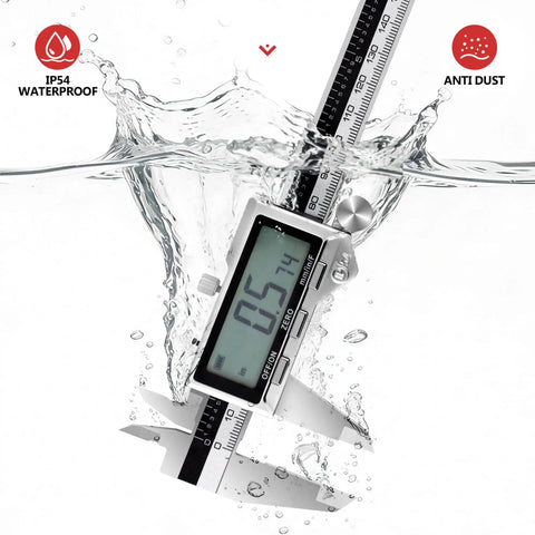 6 Inch Rechargeable Digital Caliper with Stainless Steel Vernier Micrometer submerged in water showing waterproof feature.