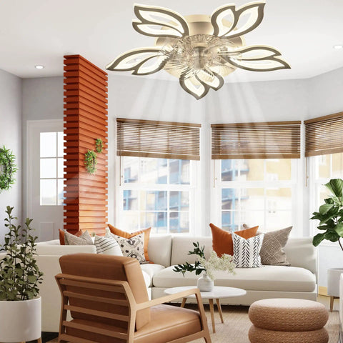 Modern living room with Cool Flower LED Dimmable Ceiling Fan With Light 25.6 Inch Bladeless Ceiling Fan Remote Control 6 Speeds