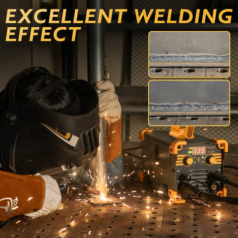 135A Mini MIG Welder Portable 110V Flux Core Gasless in use with lift arc, showcasing welding sparks and precision welds.