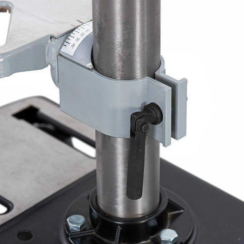 Close-up of an 8 Inch Benchtop Drill Press With 9 Adjustable Speeds From 500 To 3200 RPM, featuring lever and base fittings.