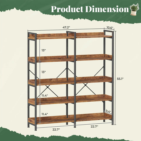 Sturdy 5 Tier Display Bookcase With 10 Open Shelves And Raised Backboard, 47.2 Inch Wide Shelf Unit With Metal Frame And Wooden Board, Adjustable Feet, Rustic Brown with product dimensions