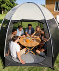 Screen House Tent 10 By 10 Portable Canopy With Floor Mosquito Net Outdoor Room for Patio, backyard with 8 people seated inside